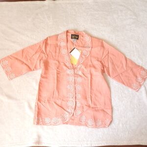 NWT Bob Mackie Lined Linen Floral Embroidered Coral Jacket 3/4 Sleeve size L